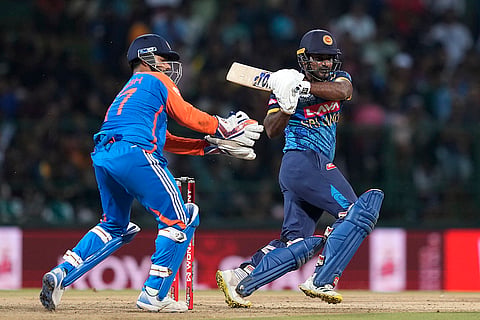 Kusal Perera plays a shot against India